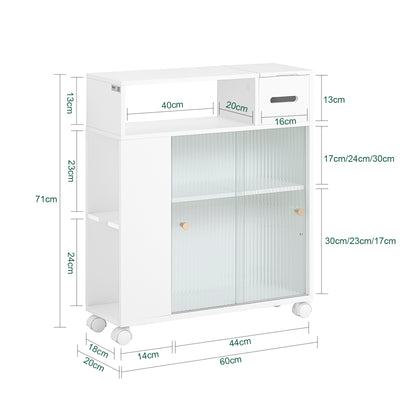 SoBuy BZR117-W Armoire WC Toilettes, Meuble Étroit Salle de Bain sur Roulettes, Support Papier Toilette avec 2 Portes Coulissantes en Verre