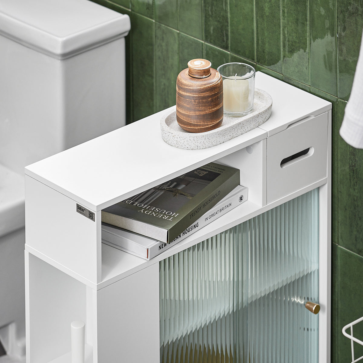 SoBuy BZR117-W Armoire WC Toilettes, Meuble Étroit Salle de Bain sur Roulettes, Support Papier Toilette avec 2 Portes Coulissantes en Verre