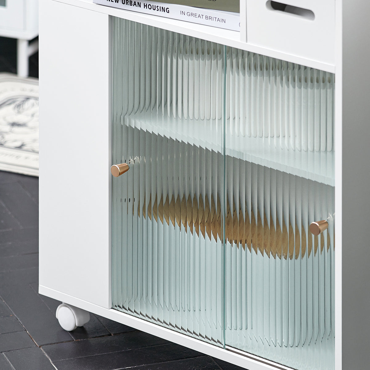 SoBuy BZR117-W Armoire WC Toilettes, Meuble Étroit Salle de Bain sur Roulettes, Support Papier Toilette avec 2 Portes Coulissantes en Verre