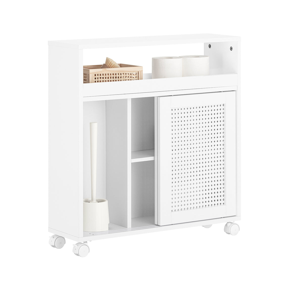 SoBuy BZR119-W Armoire WC Toilettes Compact Roulante Salle de Bain Étroit sur roulettes, Support Papier Toilette