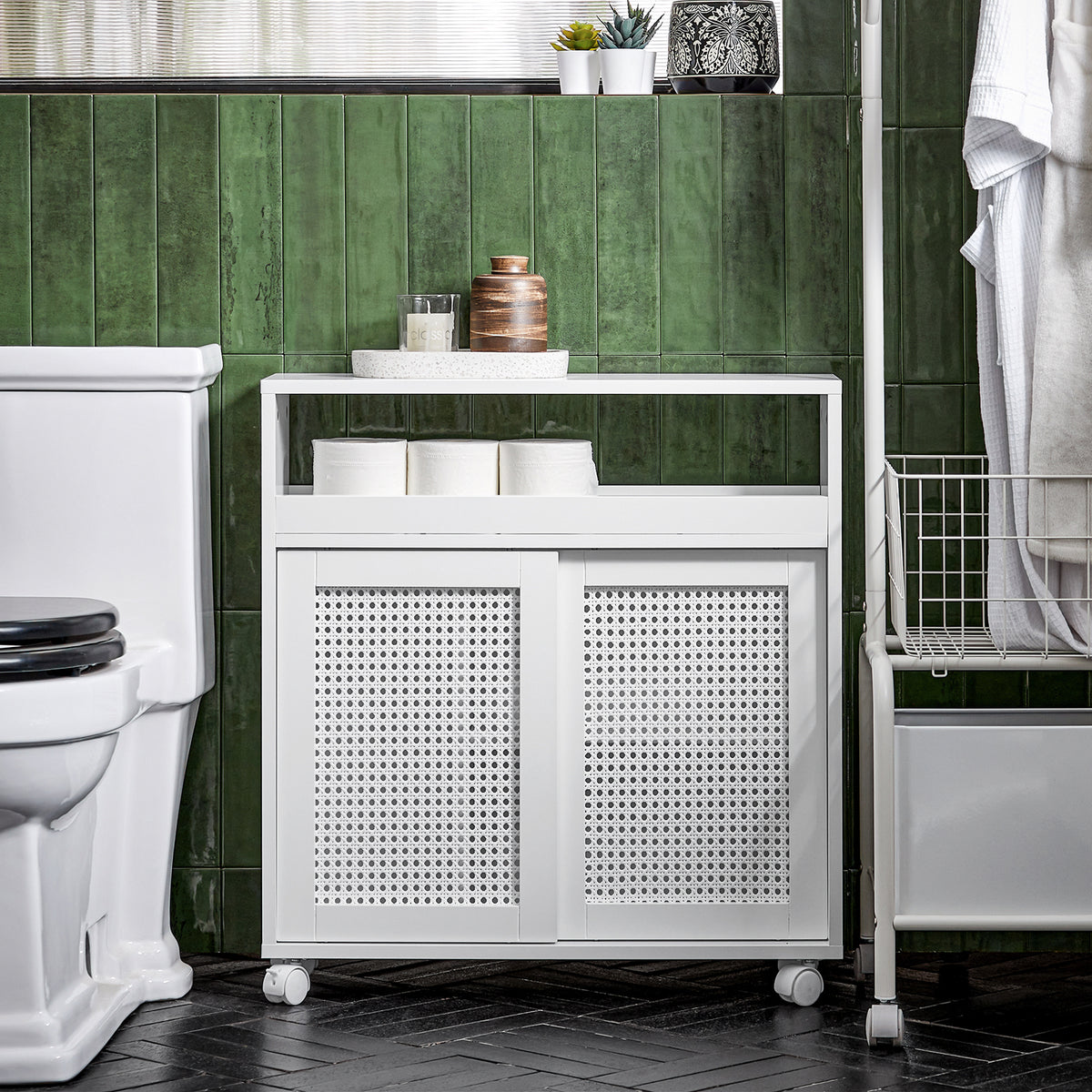 SoBuy BZR119-W Dulap Compact pentru WC Toaletă, Mobil pe Roți, Îngust, Suport Hârtie Igienică