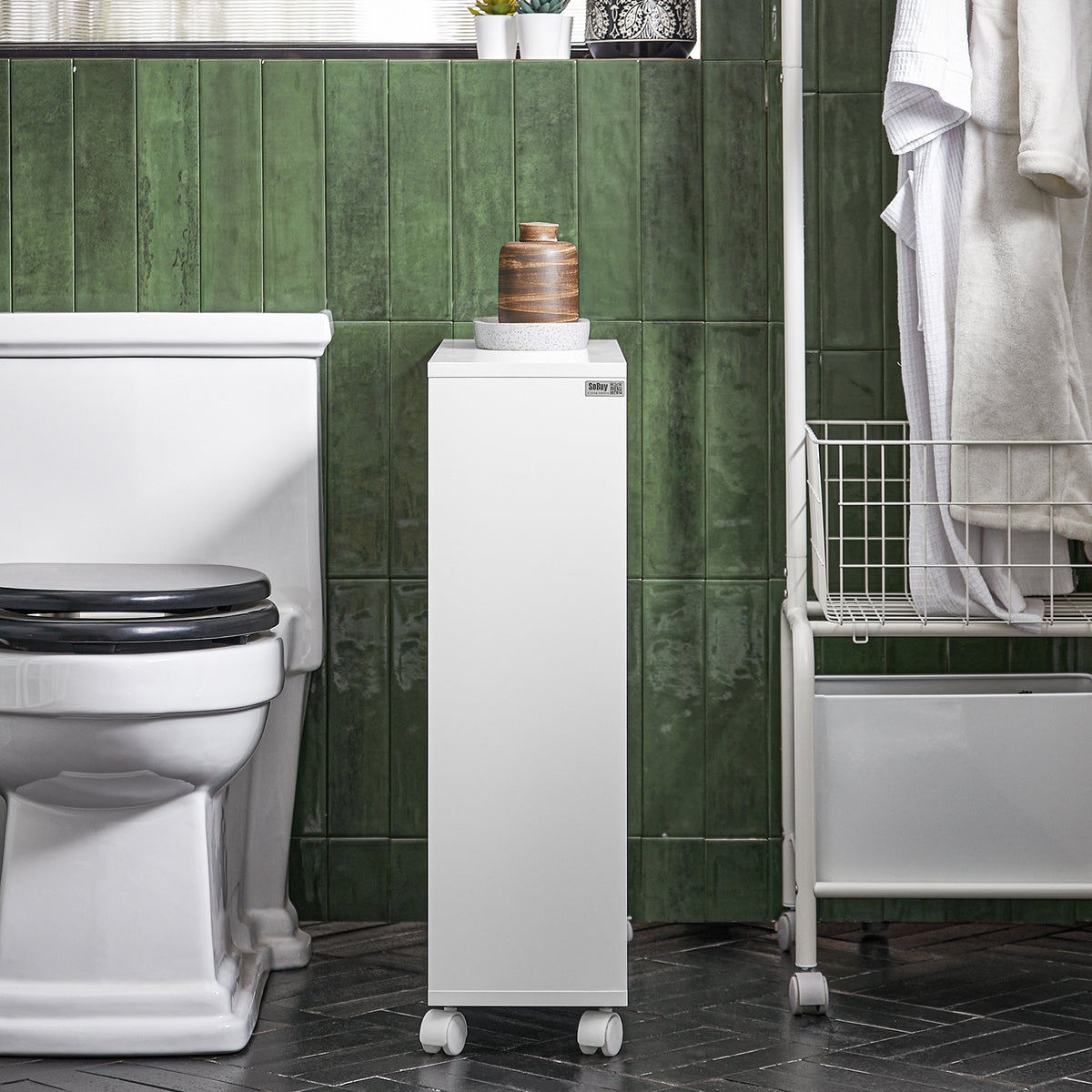 SoBuy BZR119-W Dulap Compact pentru WC Toaletă, Mobil pe Roți, Îngust, Suport Hârtie Igienică