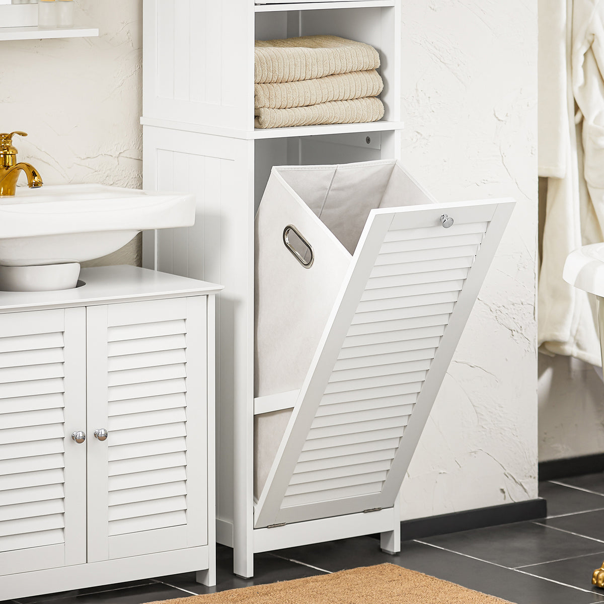 SoBuy BZR124-W Colonne de Salle de Bain avec Panier à Linge Amovible – 40 cm, Blanc
