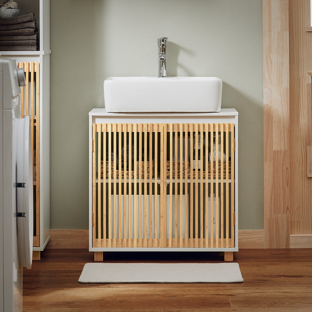 SoBuy BZR125-W Mobilier pentru baie sub lavoar, Mobilier sub chiuvetă cu 2 uși din bambus, Dulap de depozitare sub chiuvetă de bucătărie, L60 x P30 x H61 cm