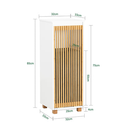 SoBuy BZR126-W Meuble à Linge Salle de Bain avec Panier Amovible – Porte en Bambou, 32×33×85 cm, Blanc