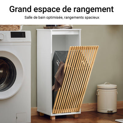 SoBuy BZR126-W Meuble à Linge Salle de Bain avec Panier Amovible – Porte en Bambou, 32×33×85 cm, Blanc