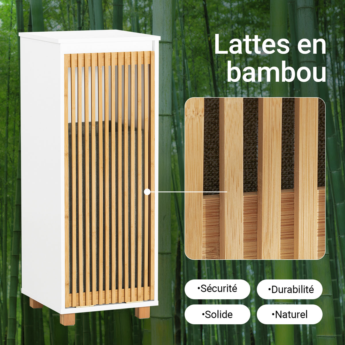 SoBuy BZR126-W Meuble à Linge Salle de Bain avec Panier Amovible – Porte en Bambou, 32×33×85 cm, Blanc