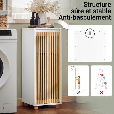 SoBuy BZR126-W Meuble à Linge Salle de Bain avec Panier Amovible – Porte en Bambou, 32×33×85 cm, Blanc
