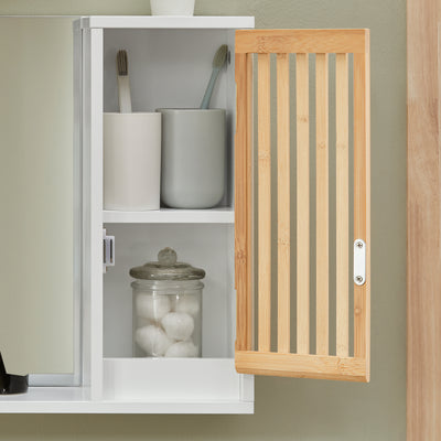 SoBuy BZR128-W Oglindă de baie cu raft, Comodă, Dulap de perete, Oglindă de perete, Mobilier de baie suspendat, Dulap de perete