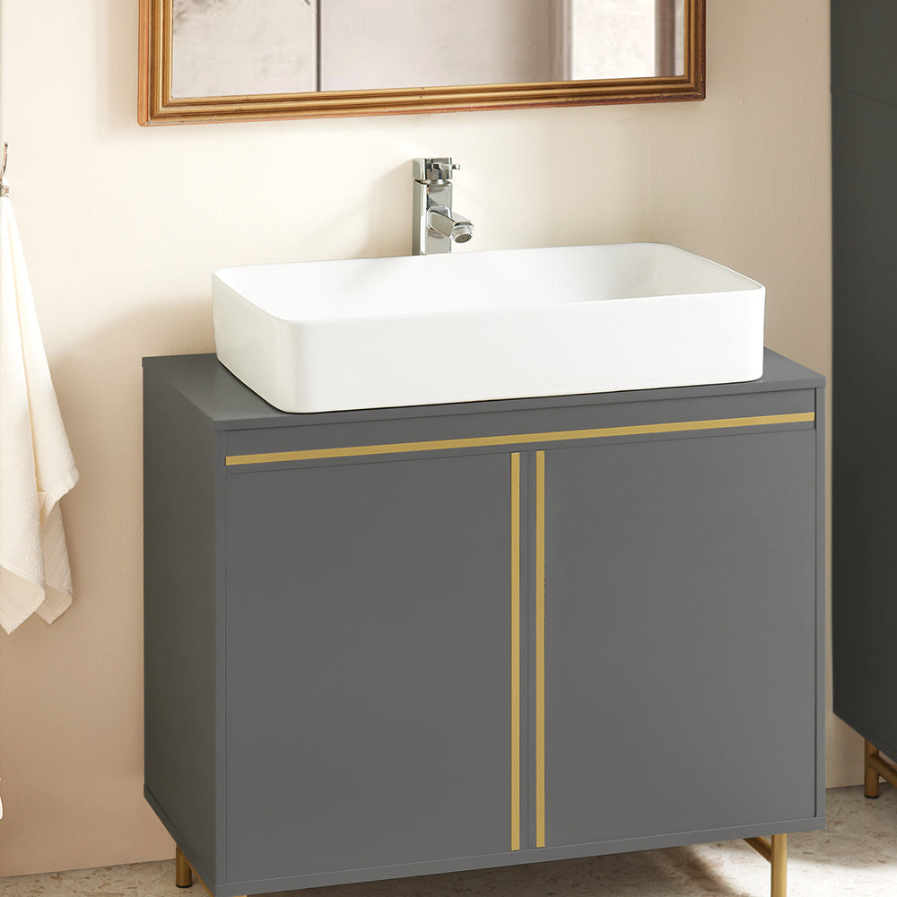 SoBuy BZR129-HG Meuble sous Lavabo, Meuble sous Vasque avec 2 Portes et 2 Étages, Meuble sur Pied de Salle de Bain, Placard Armoire