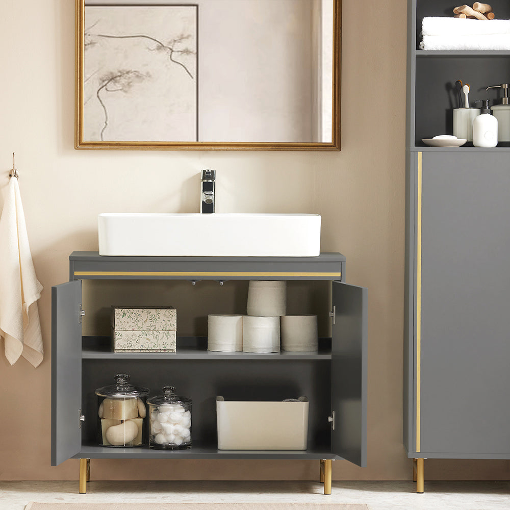 SoBuy BZR129-HG Meuble sous Lavabo, Meuble sous Vasque avec 2 Portes et 2 Étages, Meuble sur Pied de Salle de Bain, Placard Armoire