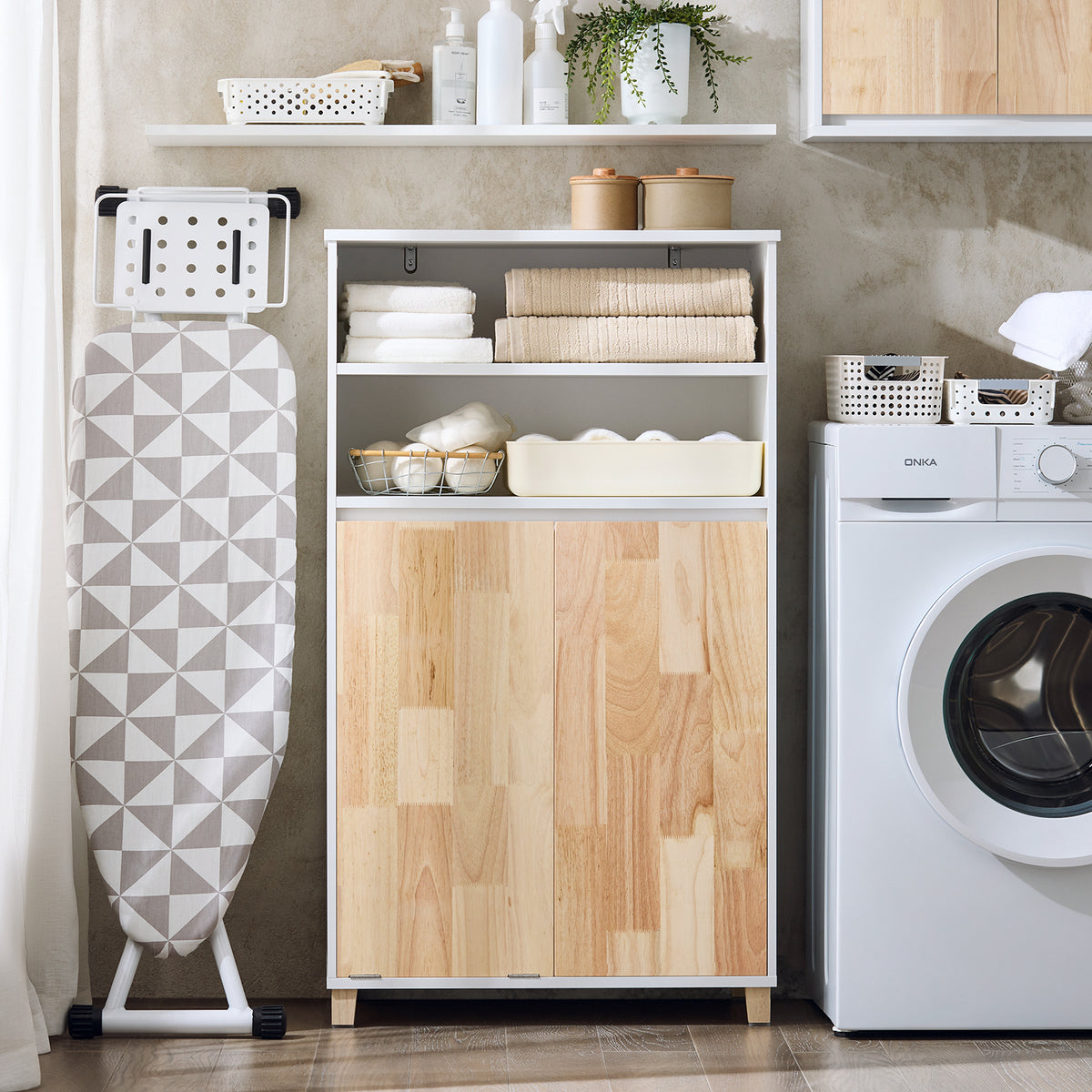SoBuy BZR143-WN Meuble Bas de Salle de Bain avec Bac à Linge Amovible avec 3 Compartiments et 1 Panier à Linge