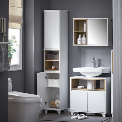 SoBuy BZR147-W Coloană de Baie Înaltă și Etanșă cu Rafturi Deschise și Uși, Dulap de Depozitare Baie Alb din MDF/PB 30x170x30cm