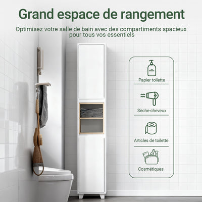 SoBuy BZR147-W Coloană de Baie Înaltă și Etanșă cu Rafturi Deschise și Uși, Dulap de Depozitare Baie Alb din MDF/PB 30x170x30cm