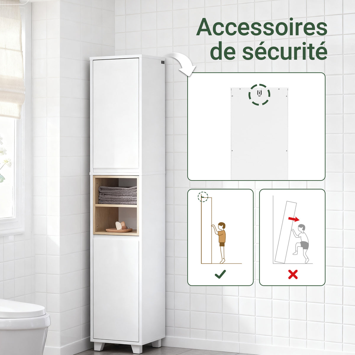 SoBuy BZR147-W Coloană de Baie Înaltă și Etanșă cu Rafturi Deschise și Uși, Dulap de Depozitare Baie Alb din MDF/PB 30x170x30cm