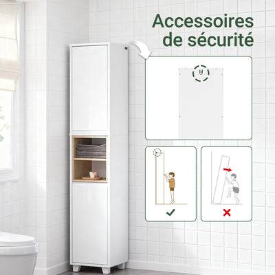SoBuy BZR147-W Coloană de Baie Înaltă și Etanșă cu Rafturi Deschise și Uși, Dulap de Depozitare Baie Alb din MDF/PB 30x170x30cm