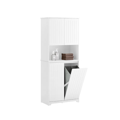 Meuble de salle de bain blanc, grand espace de rangement avec panier à linge.