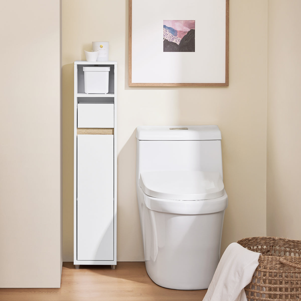 SoBuy BZR151-W Dulap de baie pentru spații înguste - Dulap compact de depozitare cu raft reglabil și sertar, pentru baie - Dulap de toaletă din lemn, alb, 20x20x96 cm