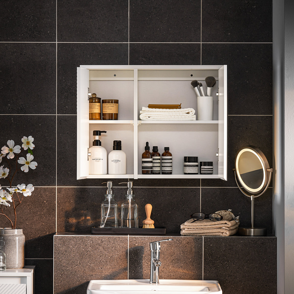 SoBuy BZR153-W Armoire Murale avec Miroir, Placard de Rangement , Meuble Haut avec 2 Portes, Étagères Réglables, 60x15x46 cm