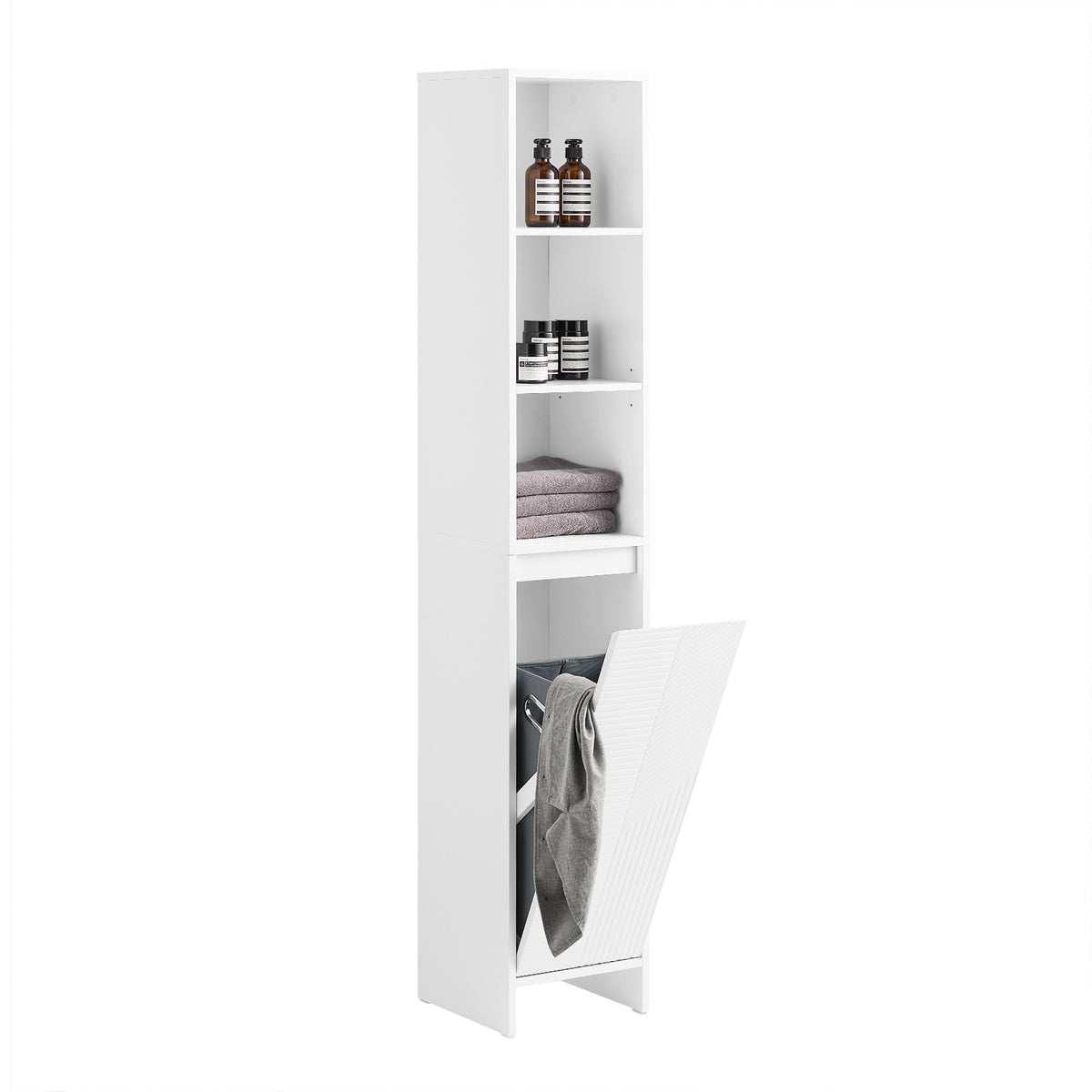 SoBuy BZR158-W Meuble Salle de Bain avec Panier à Linge Colonne Salle de Bbain Armoire Haute Étroite en MDF Blanc avec Étagèr