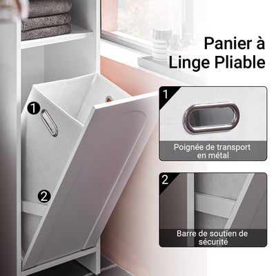SoBuy BZR161-W Meuble Salle de Bain avec Panier à Linge, Sac Amovible, Format Compact, pour Salle de Bain et WC, Rangement Optimisé – L30×P30×H97 cm, Blanc