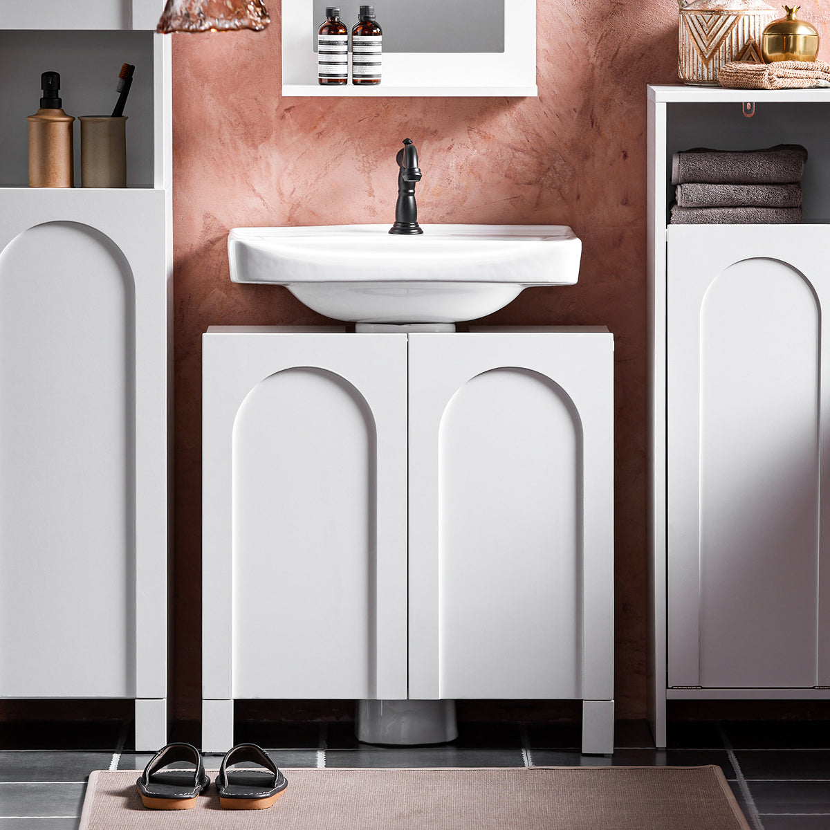 SoBuy BZR164-W Meuble sous-Lavabo, Meuble sous-Vasque à 2 étages réglable et 2 Portes de Salle de Bain