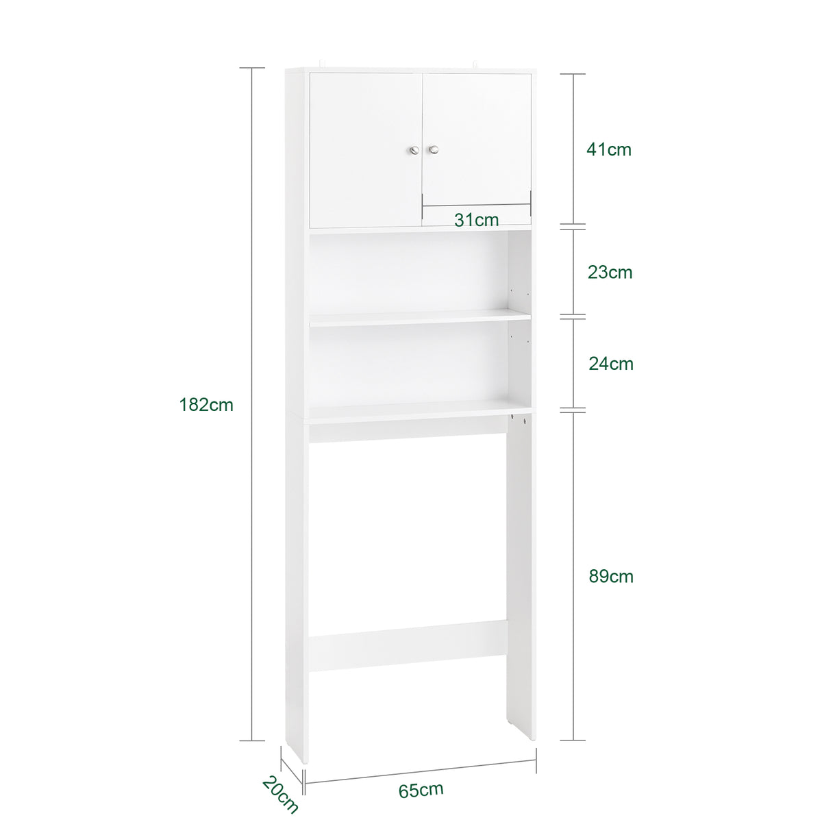 SoBuy BZR165-W Dulap baie, Dulap înalt, Dulap de depozitare WC, Dulap baie cu uși și rafturi reglabile pe 3 nivele, Dulap de depozitare deasupra WC-ului sau a mașinii de spălat, Alb, 65x182x20cm