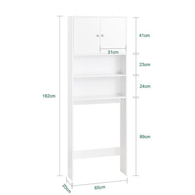SoBuy BZR165-W Dulap baie, Dulap înalt, Dulap de depozitare WC, Dulap baie cu uși și rafturi reglabile pe 3 nivele, Dulap de depozitare deasupra WC-ului sau a mașinii de spălat, Alb, 65x182x20cm