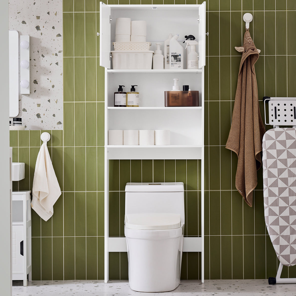 SoBuy BZR165-W Dulap baie, Dulap înalt, Dulap de depozitare WC, Dulap baie cu uși și rafturi reglabile pe 3 nivele, Dulap de depozitare deasupra WC-ului sau a mașinii de spălat, Alb, 65x182x20cm