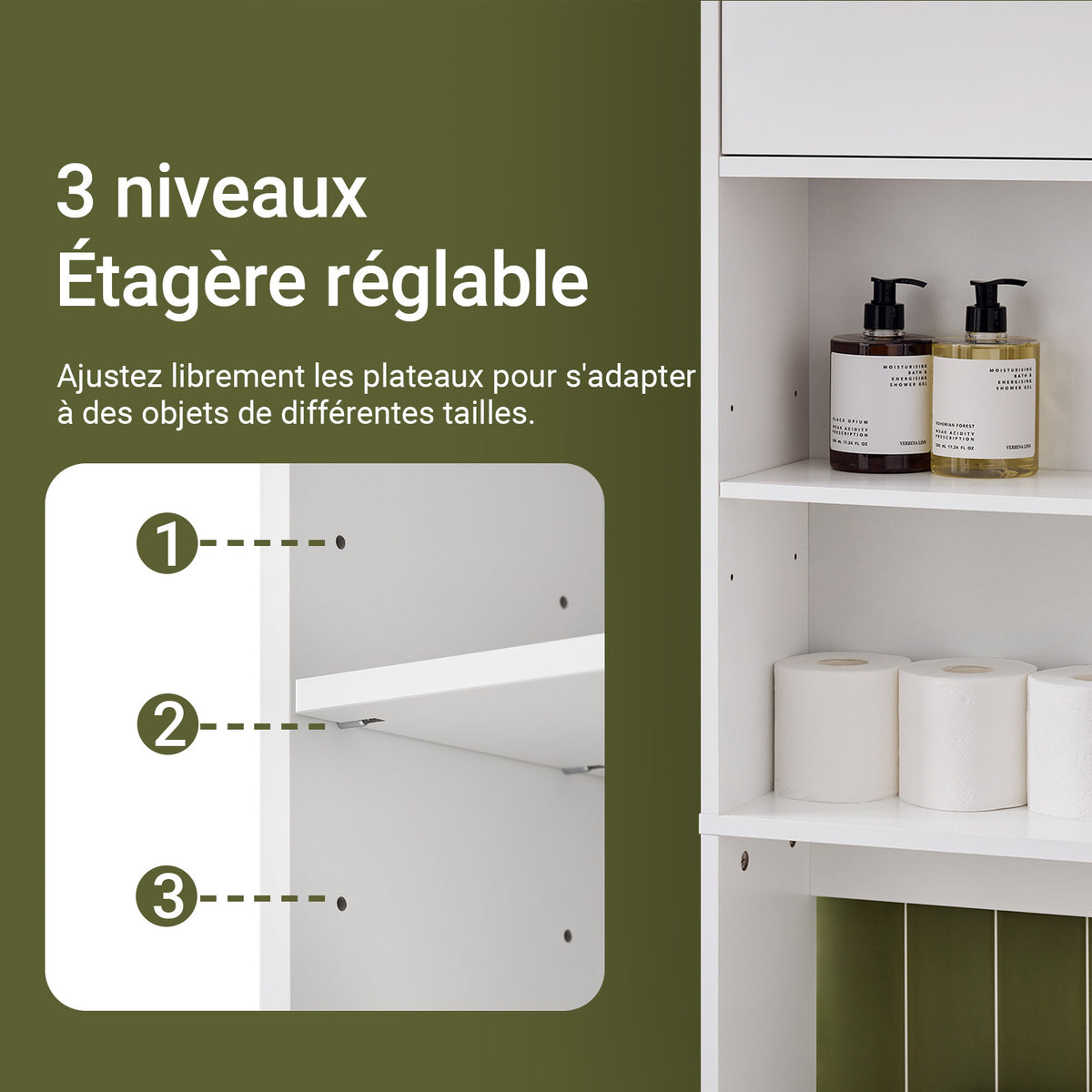 SoBuy BZR165-W Dulap baie, Dulap înalt, Dulap de depozitare WC, Dulap baie cu uși și rafturi reglabile pe 3 nivele, Dulap de depozitare deasupra WC-ului sau a mașinii de spălat, Alb, 65x182x20cm