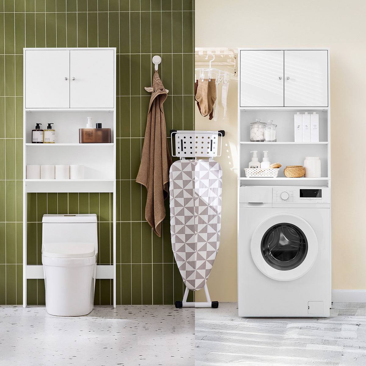 SoBuy BZR165-W Dulap baie, Dulap înalt, Dulap de depozitare WC, Dulap baie cu uși și rafturi reglabile pe 3 nivele, Dulap de depozitare deasupra WC-ului sau a mașinii de spălat, Alb, 65x182x20cm