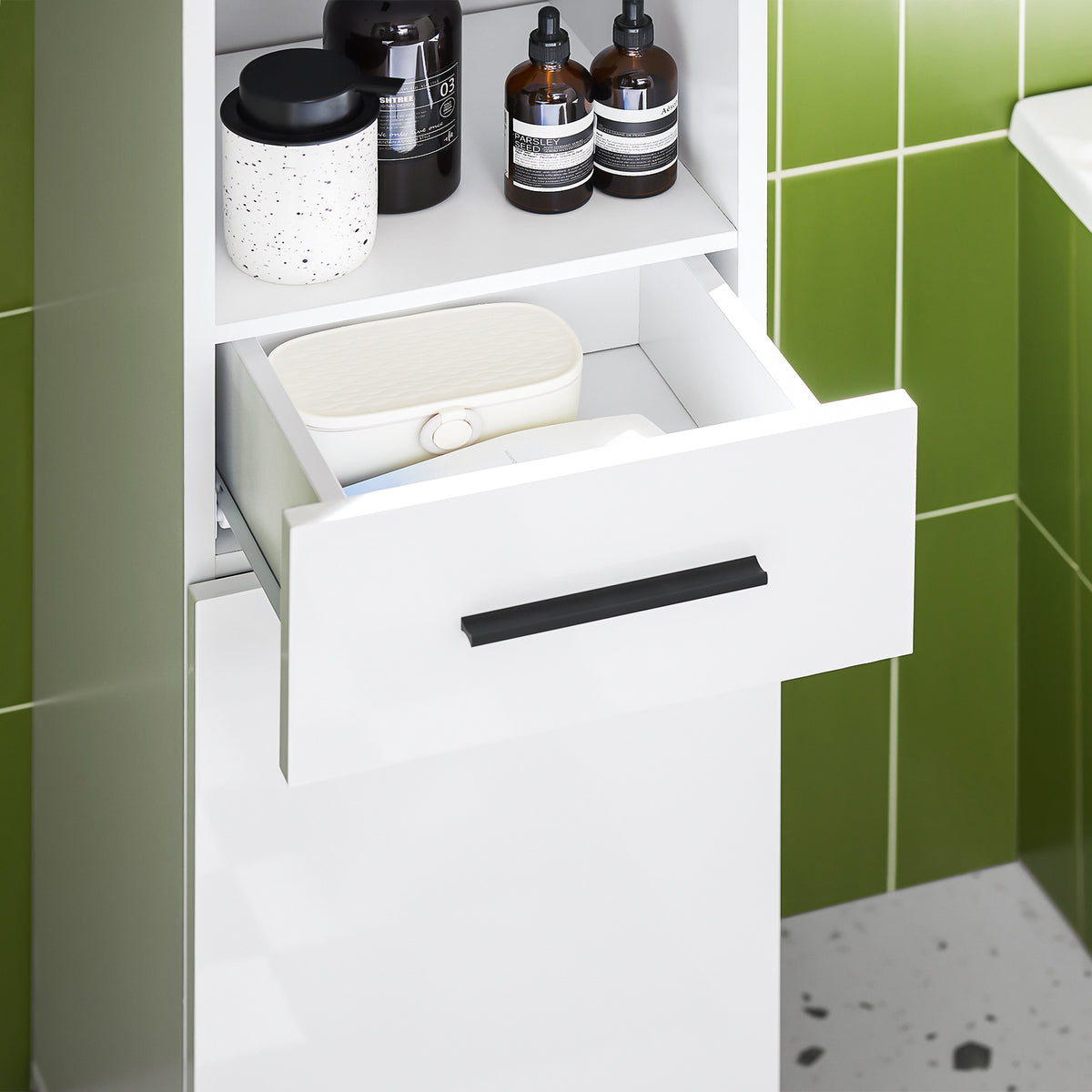 SoBuy BZR166-W Dulap de depozitare tip coloană, Dulap de depozitare îngust, 1 sertar, 2 uși și 2 rafturi reglabile
