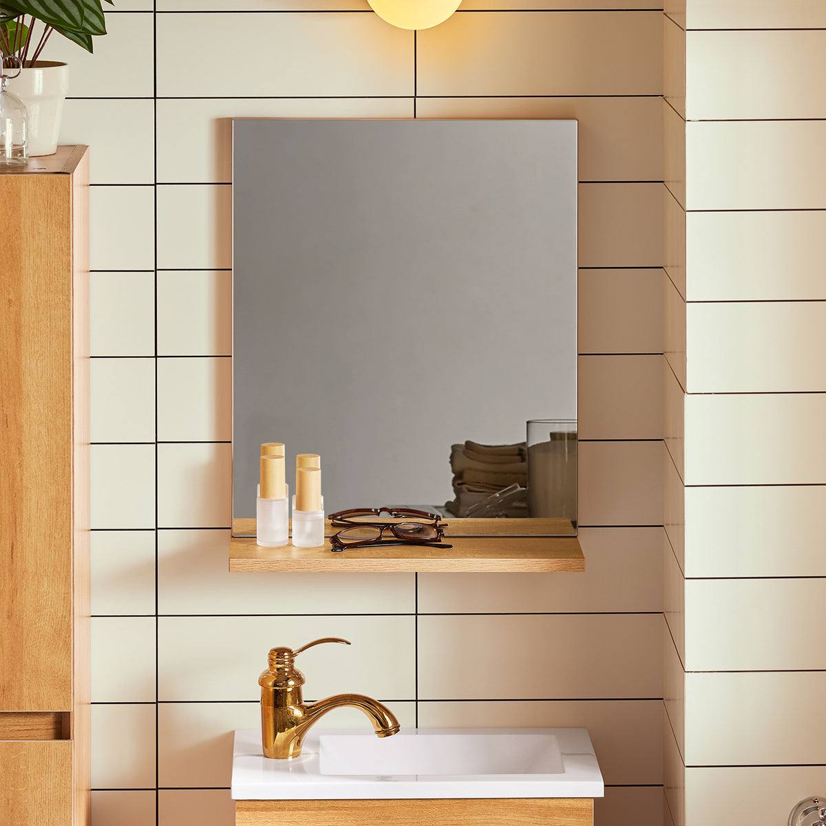 SoBuy BZR169-SET Mobilier suspendat pentru lavoar cu oglindă, Set mobilier baie cu lavoar din ceramică și oglindă