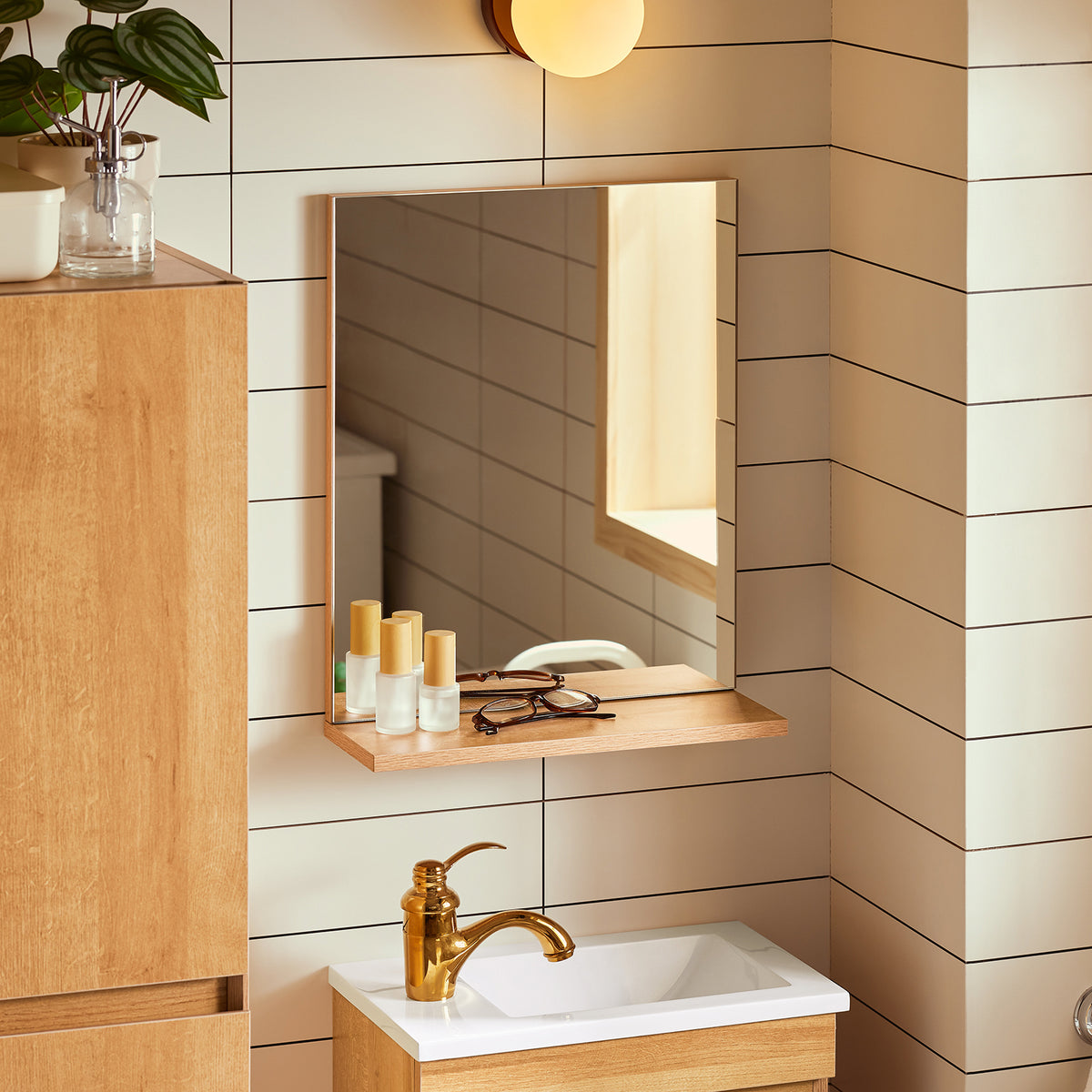 SoBuy BZR169-SET Mobilier suspendat pentru lavoar cu oglindă, Set mobilier baie cu lavoar din ceramică și oglindă