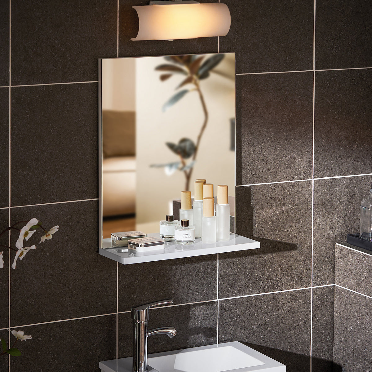 SoBuy BZR170-SET Meuble Suspendu pour Lavabo avec Miroir Meuble sous Vasque avec Miroir Ensemble de Lavabo en céramique