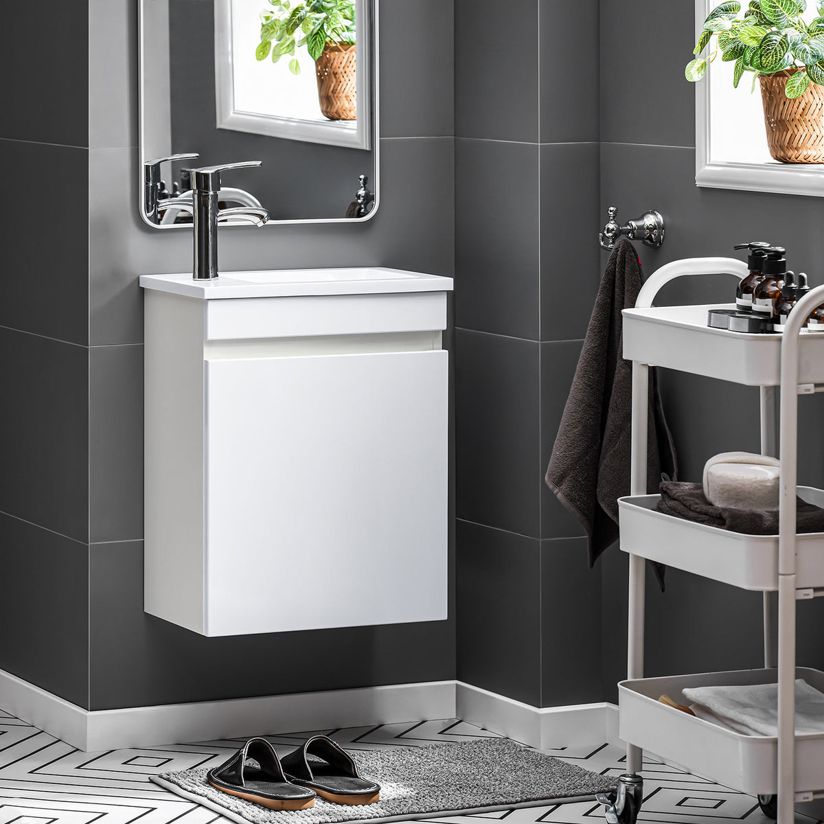SoBuy BZR170-W Meuble Suspendu pour Lavabo Armoire de Salle de Bain avec Lavabo ，avec Vasque Ensemble de Lavabo en céramique