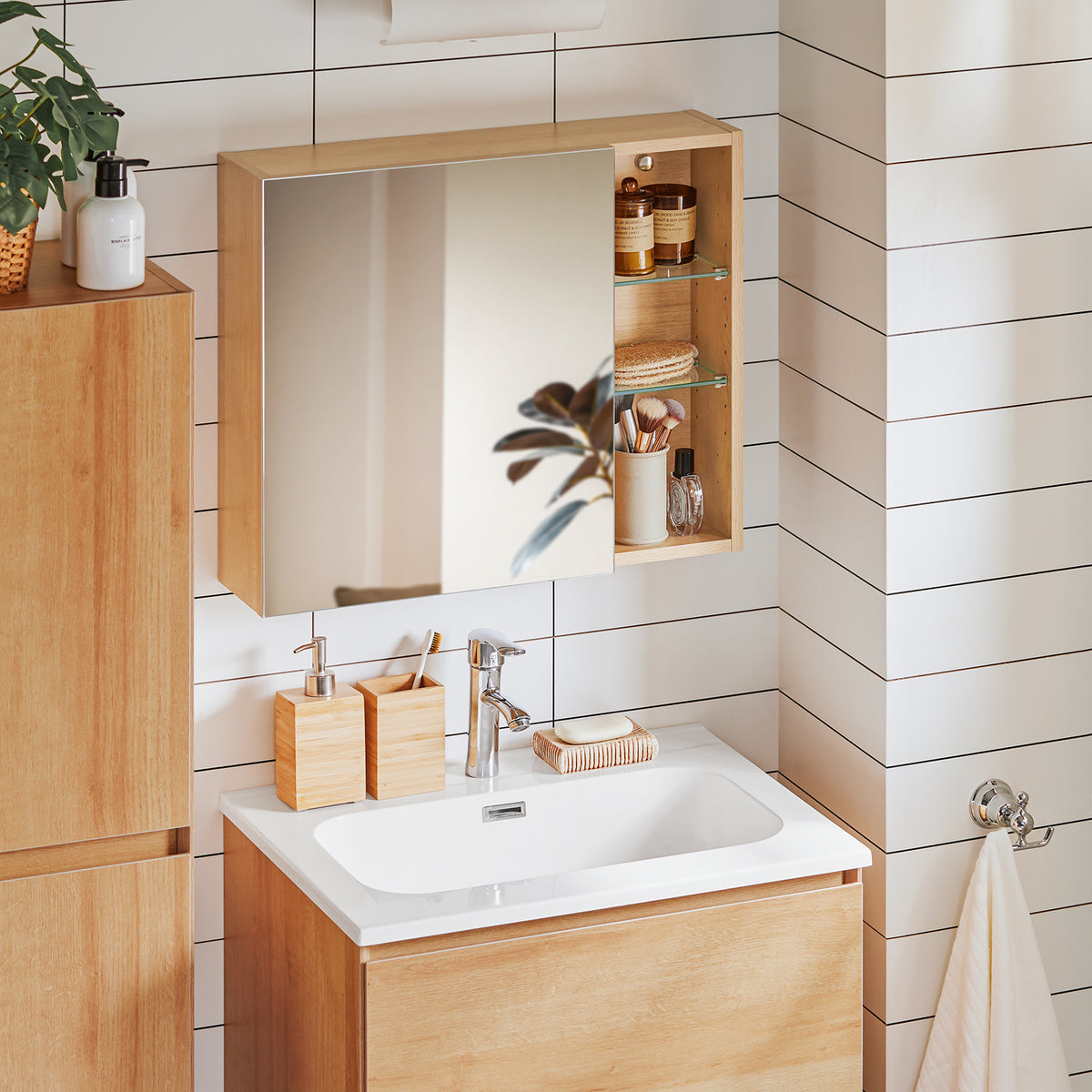 SoBuy BZR173-N  Armoire Murale avec Miroir, Placard de Rangement, Meuble Haut avec 1 Porte, Étagères Réglables, 60x15x50 cm