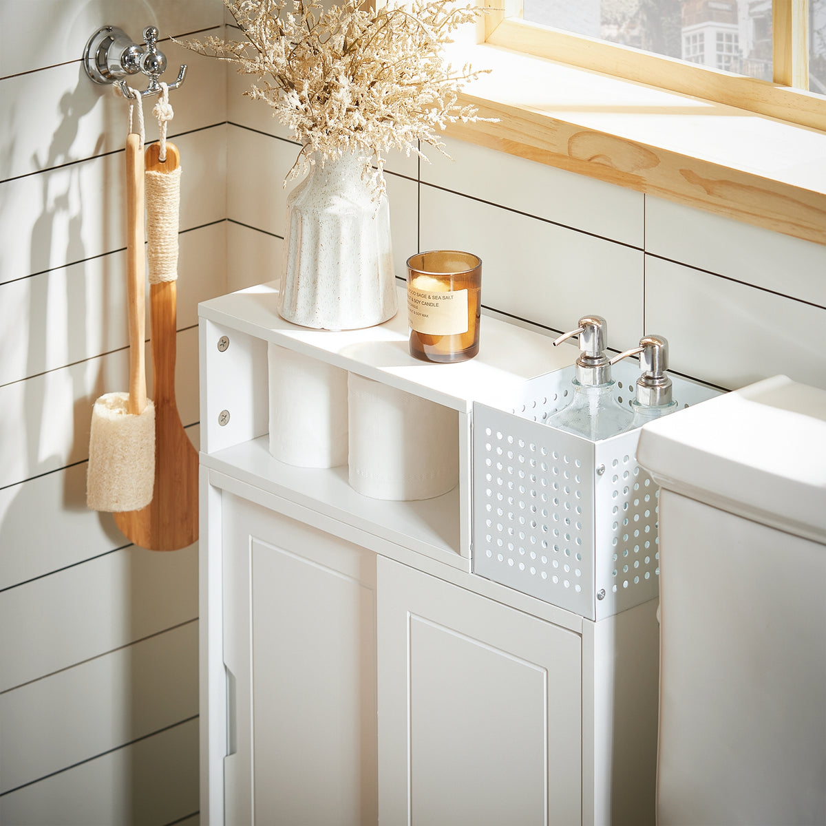 SoBuy BZR176-W Armoire Toilettes WC Support Papier Toilette, Armoire de Salle de Bain sur Roulettes, 2 Compartiments Ouverts