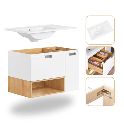 SoBuy BZR178-WN Ensemble Meuble Vasque Suspendu avec 1 Tiroir et 1 Porte, Rangement Optimisé, Design Fonctionnel – L80×P46×H54 cm, MDF + Céramique, Blanc