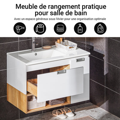 SoBuy BZR178-WN Ensemble Meuble Vasque Suspendu avec 1 Tiroir et 1 Porte, Rangement Optimisé, Design Fonctionnel – L80×P46×H54 cm, MDF + Céramique, Blanc