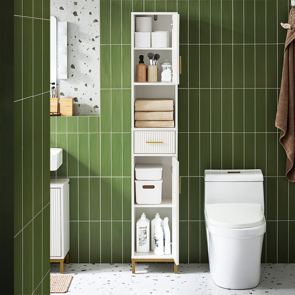SoBuy BZR181-W Dulap baie, Dulap înalt de depozitare cu sertar și mânere metalice, Dulap înalt mic pentru toaletă sau baie mică, alb 30x170x30cm