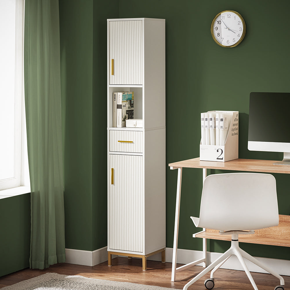 SoBuy BZR181-W Dulap baie, Dulap înalt de depozitare cu sertar și mânere metalice, Dulap înalt mic pentru toaletă sau baie mică, alb 30x170x30cm