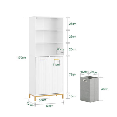 SoBuy BZR182-W Colonne Salle de Bain avec 2 Portes, 2 Paniers à Linge Amovibles et 3 Compartiments Ouverts, pour Salle de Bain et WC – L65×P32×H170 cm, Blanc