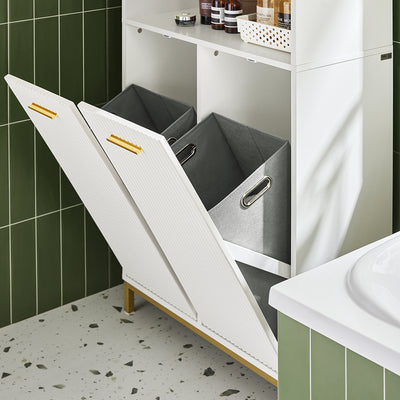 SoBuy BZR182-W Colonne Salle de Bain avec 2 Portes, 2 Paniers à Linge Amovibles et 3 Compartiments Ouverts, pour Salle de Bain et WC – L65×P32×H170 cm, Blanc