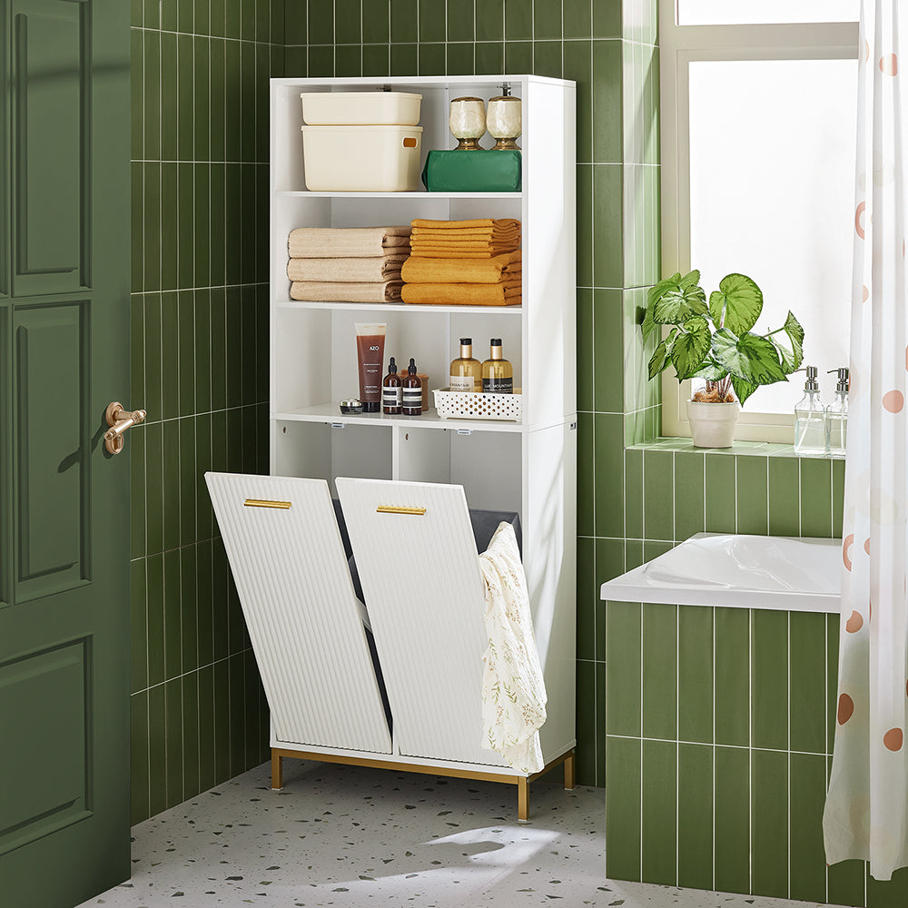 SoBuy BZR182-W Colonne Salle de Bain avec 2 Portes, 2 Paniers à Linge Amovibles et 3 Compartiments Ouverts, pour Salle de Bain et WC – L65×P32×H170 cm, Blanc