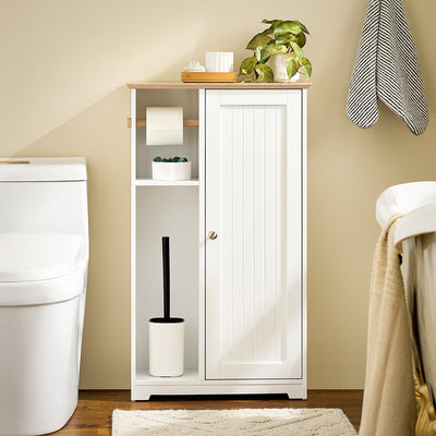 SoBuy BZR189-W Dulap de depozitare pentru baie Suport hârtie igienică Suport perie WC cu 1 ușă