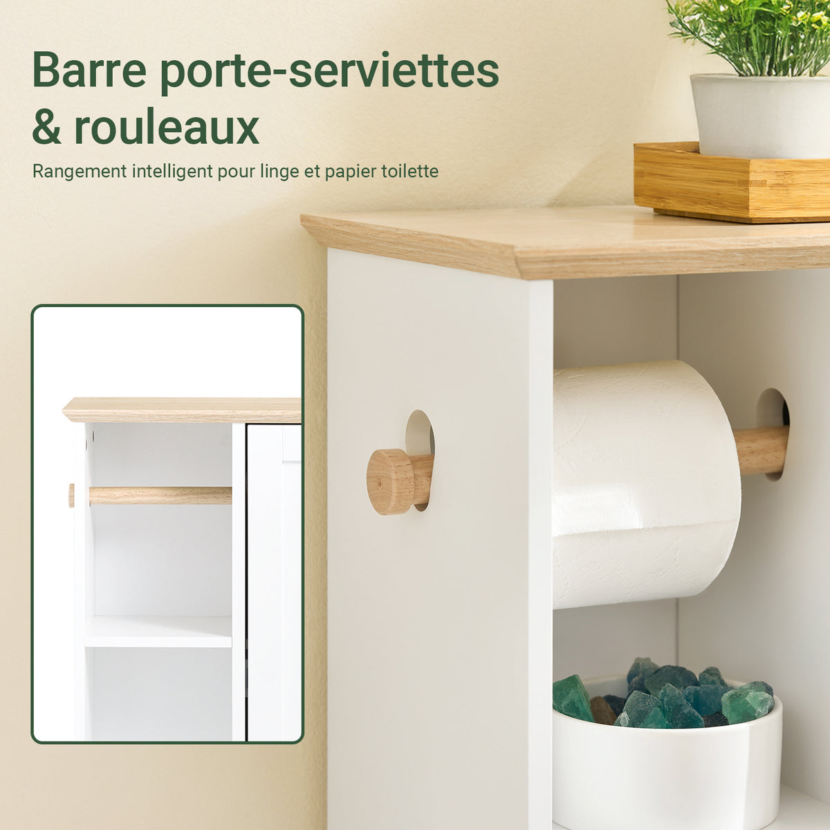 SoBuy BZR189-W Dulap de depozitare pentru baie Suport hârtie igienică Suport perie WC cu 1 ușă