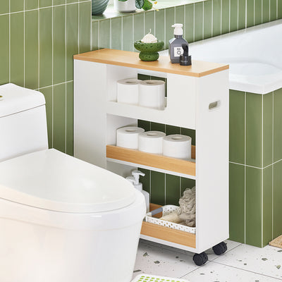 SoBuy BZR190-WN Suport Hârtie Igienică Dulap Hârtie Igienică Suport Perie WC Mobilier Baie pe roți
