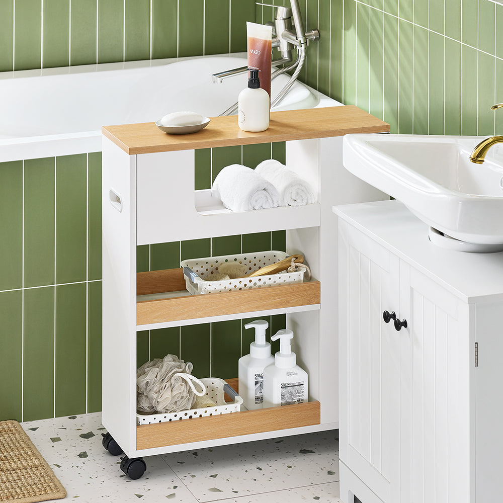 SoBuy BZR190-WN Support Papier Toilette Armoire Porte-Papier Toilette Porte Brosse WC Meuble de Salle de Bain sur roulettes