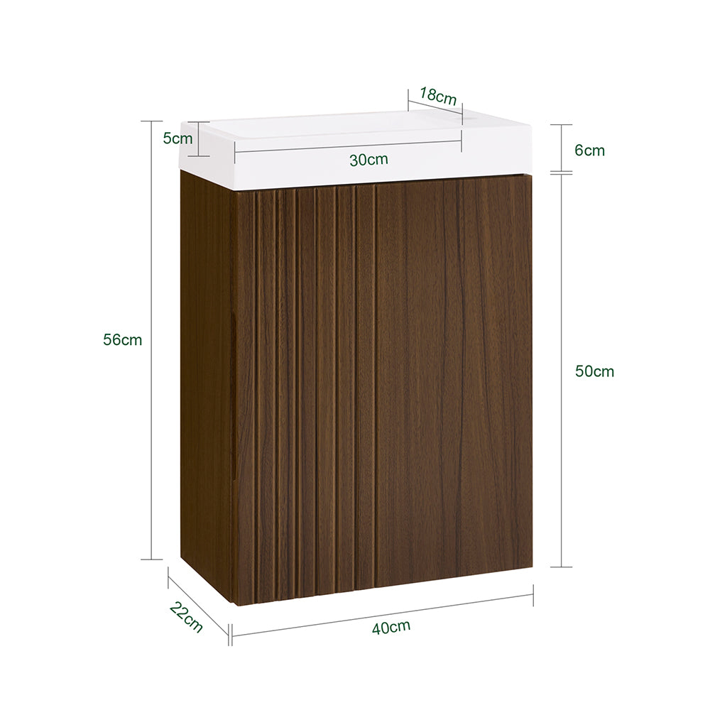 SoBuy BZR196-BR Mască suspendată pentru chiuvetă, din lemn închis la culoare, cu lavoar ceramic, ușă cu închidere soft-close fără mâner, raft, 15 kg – 40x22x56 cm